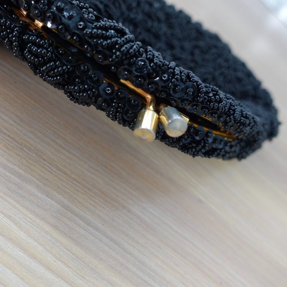 VINTAGE Black Beaded Clutch Formal Evening Purse Allover Gatsby Retro LA REGALE - Picture 6 of 10